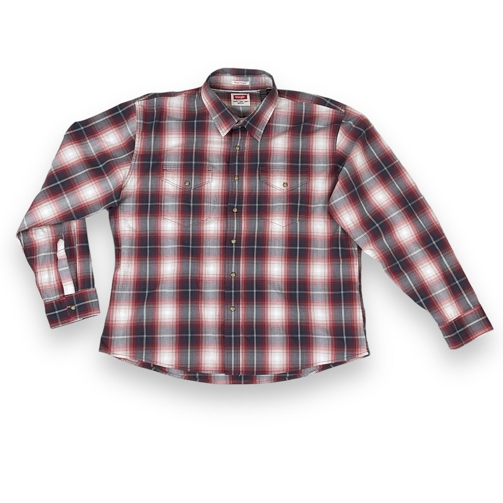 Wrangler Shirt Men 2XL Red Multi Color Plaid Pearl Snap Long Sleeve EUC